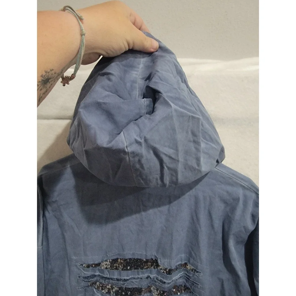 SIRELY'S Couture‎ Italy Blue Shredded Sequin Back Hood Jacket Boho Lagenlook OS
